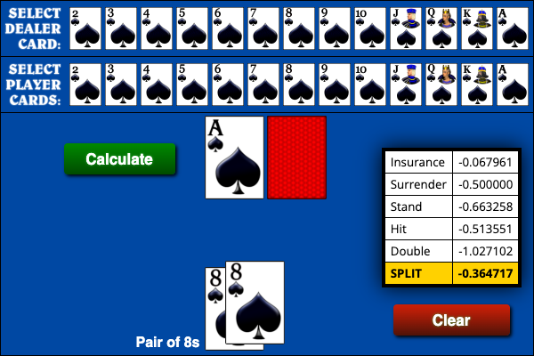 Screenshot of Wizard of Odds Blackjack Hand Calculator with pair of 8s against dealer 10